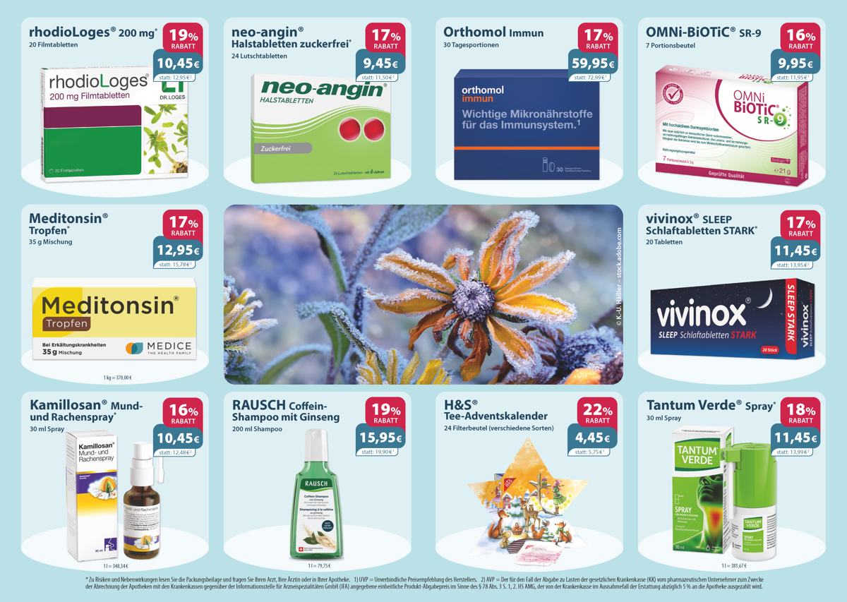 Monatlicher Angebotsflyer der Apotheke mit Informationen zu Öffnungszeiten, Leistungen, Aktionen und wechselnden Produkten aus Gesundheit und Pflege.